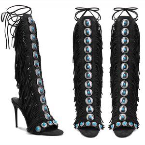 Jennifer Le Studded Fringe Lace Up Sandal